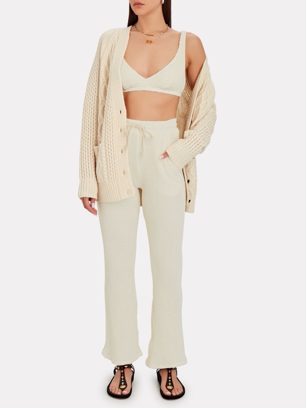 Waffle Knit Bralette & Lounge Pants Set in Ivory Cream - Small
